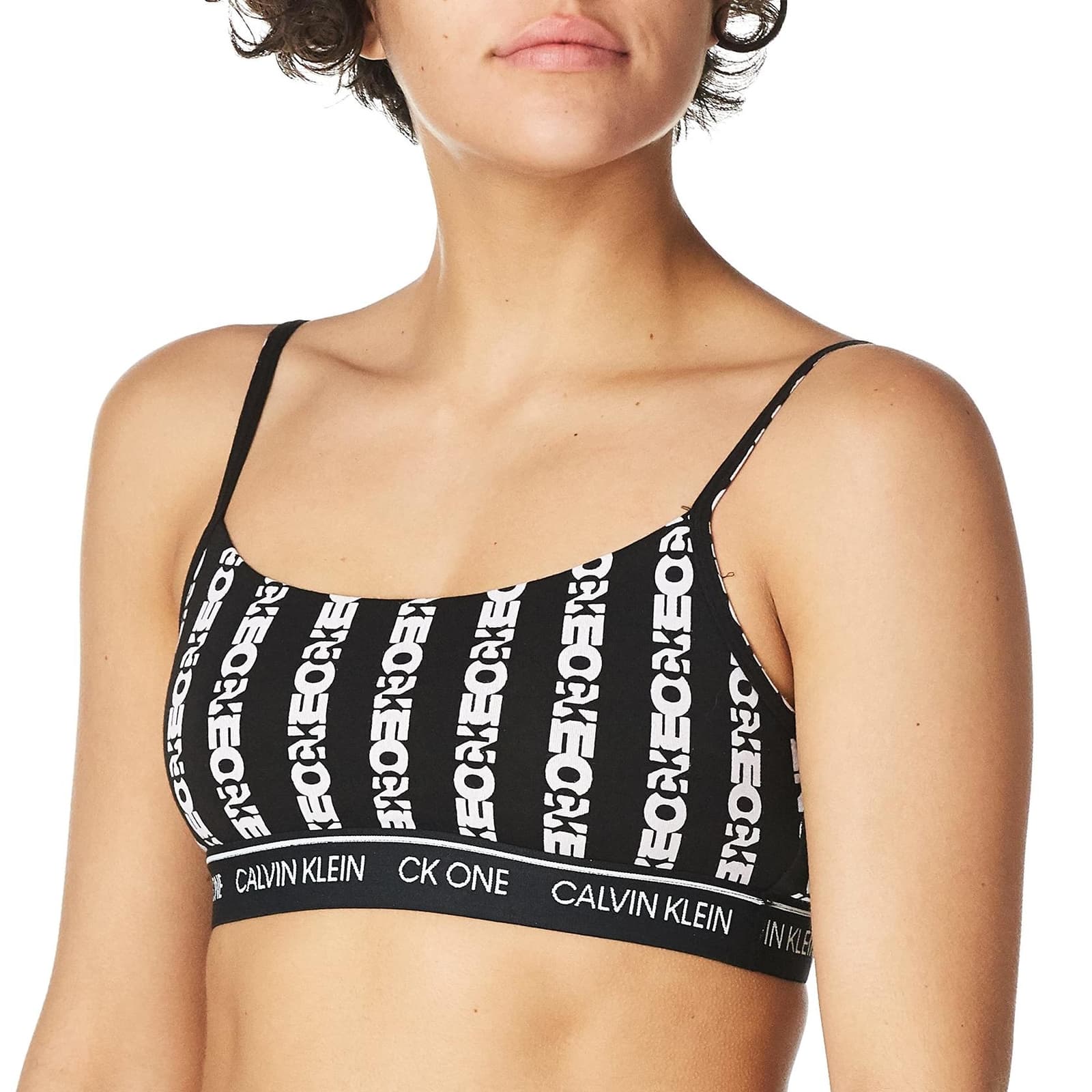 Calvin Klein CK One Striped Logo Unlined Bralette Bra Small S Black White - Thumbnail 4