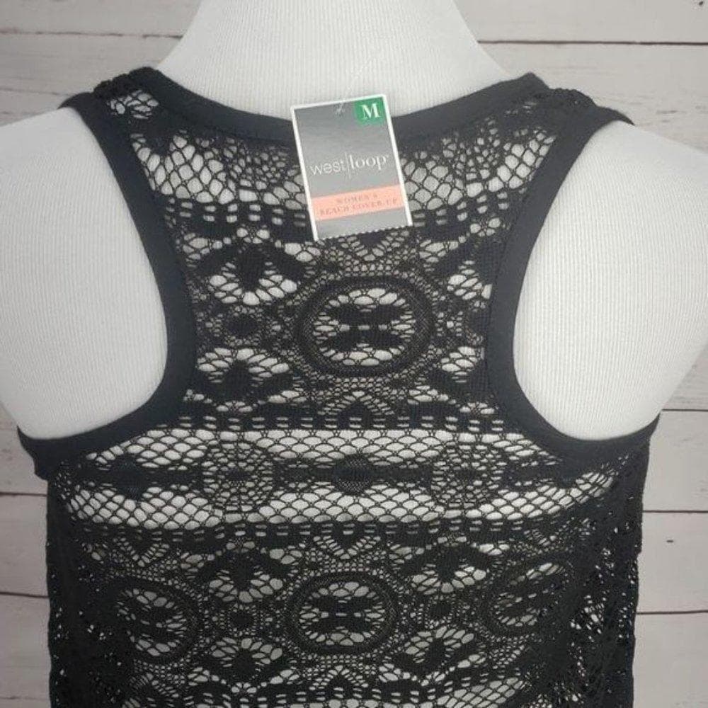 West Loop Women's Crocheted RacerBack Sleeveless Cover Up L/XL S/M Black White - Thumbnail 3