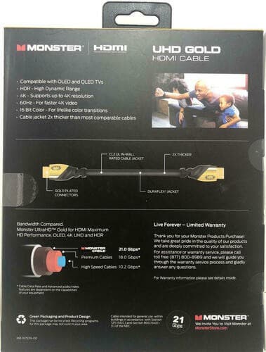 Monster 4K HDR Ultra HD Gold 60Hz 21.0 Gbps 6ft Premium HDMI Cable - Thumbnail 3