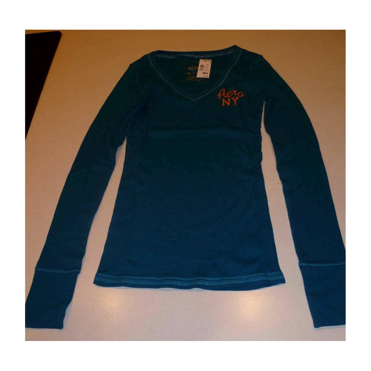 Aeropostale Women's Aero NYC Ribbed Long Sleeve V-Neck Top White Pink Teal M L - Thumbnail 5