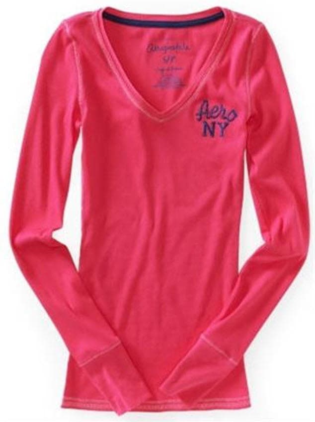 Aeropostale Women's Aero NYC Ribbed Long Sleeve V-Neck Top White Pink Teal M L - Thumbnail 11