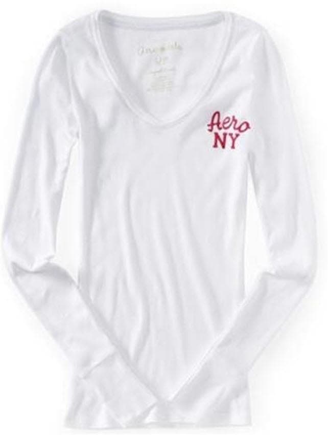 Aeropostale Women's Aero NYC Ribbed Long Sleeve V-Neck Top White Pink Teal M L - Thumbnail 9