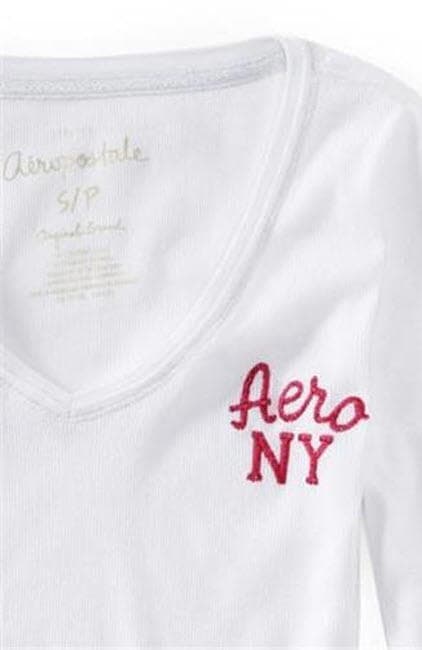 Aeropostale Women's Aero NYC Ribbed Long Sleeve V-Neck Top White Pink Teal M L - Thumbnail 2
