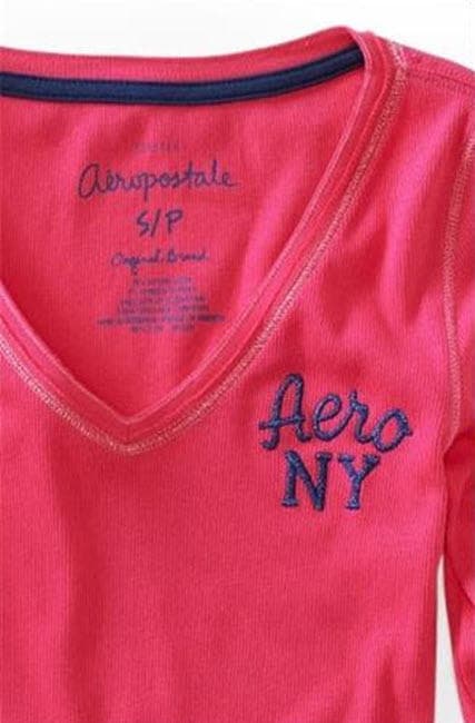 Aeropostale Women's Aero NYC Ribbed Long Sleeve V-Neck Top White Pink Teal M L - Thumbnail 12