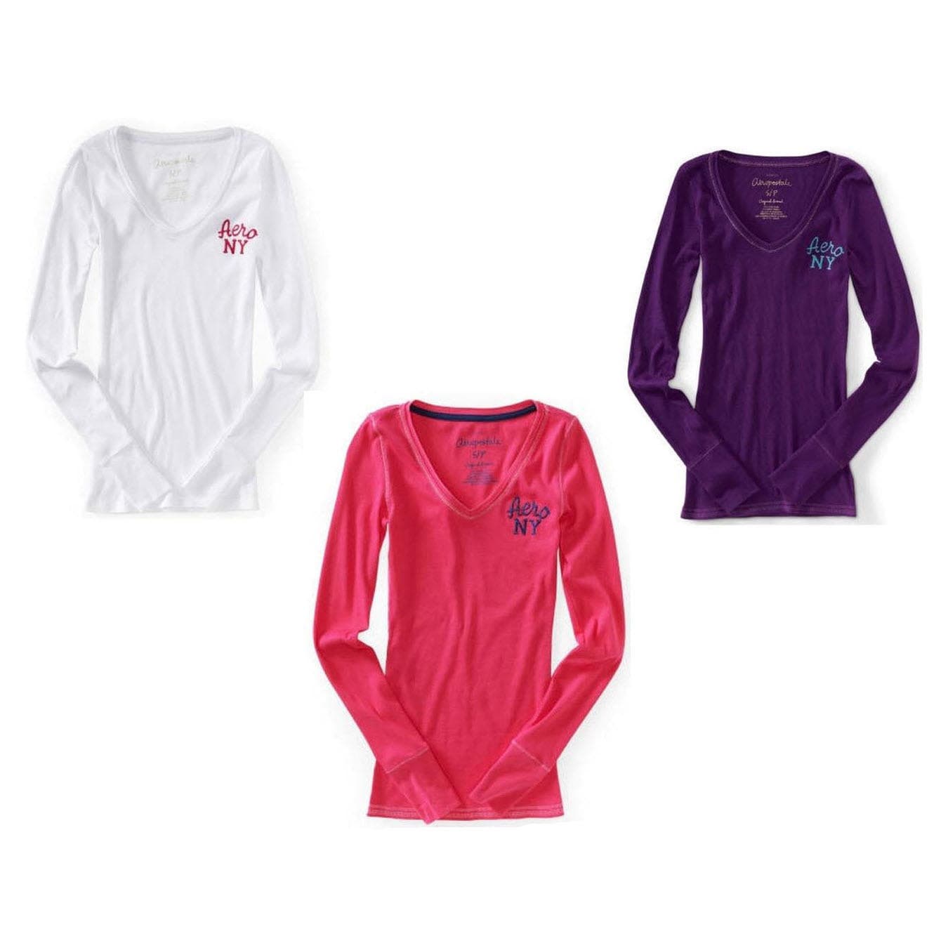 Aeropostale Women's Aero NYC Ribbed Long Sleeve V-Neck Top White Pink Teal M L - Thumbnail 8