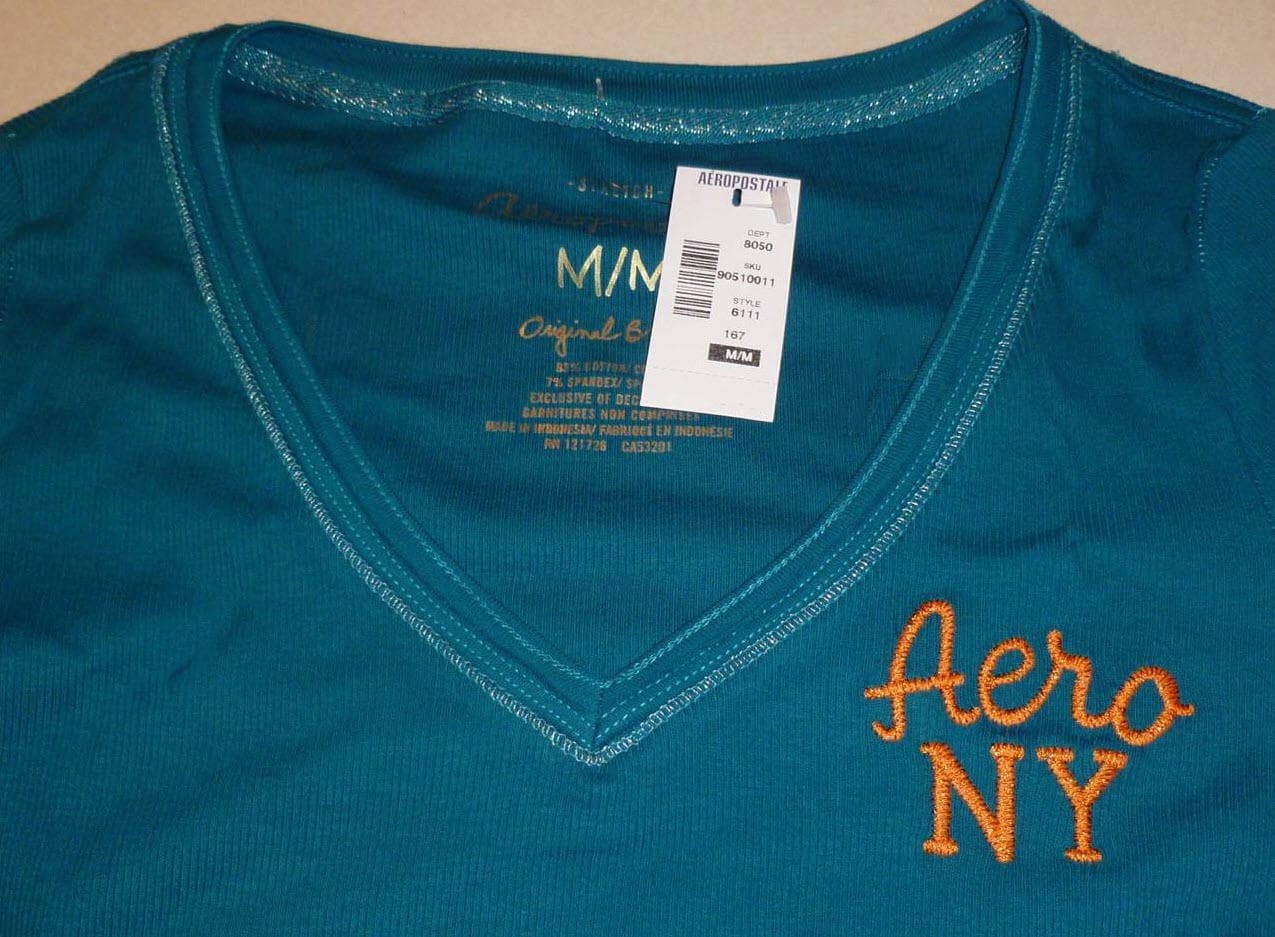 Aeropostale Women's Aero NYC Ribbed Long Sleeve V-Neck Top White Pink Teal M L - Thumbnail 6