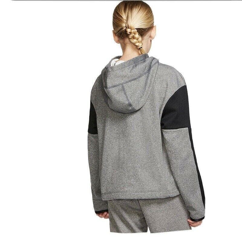 Nike Girl's Therma Fleece Graphic Pullover Hoodie Heathered Black Medium - Thumbnail 2