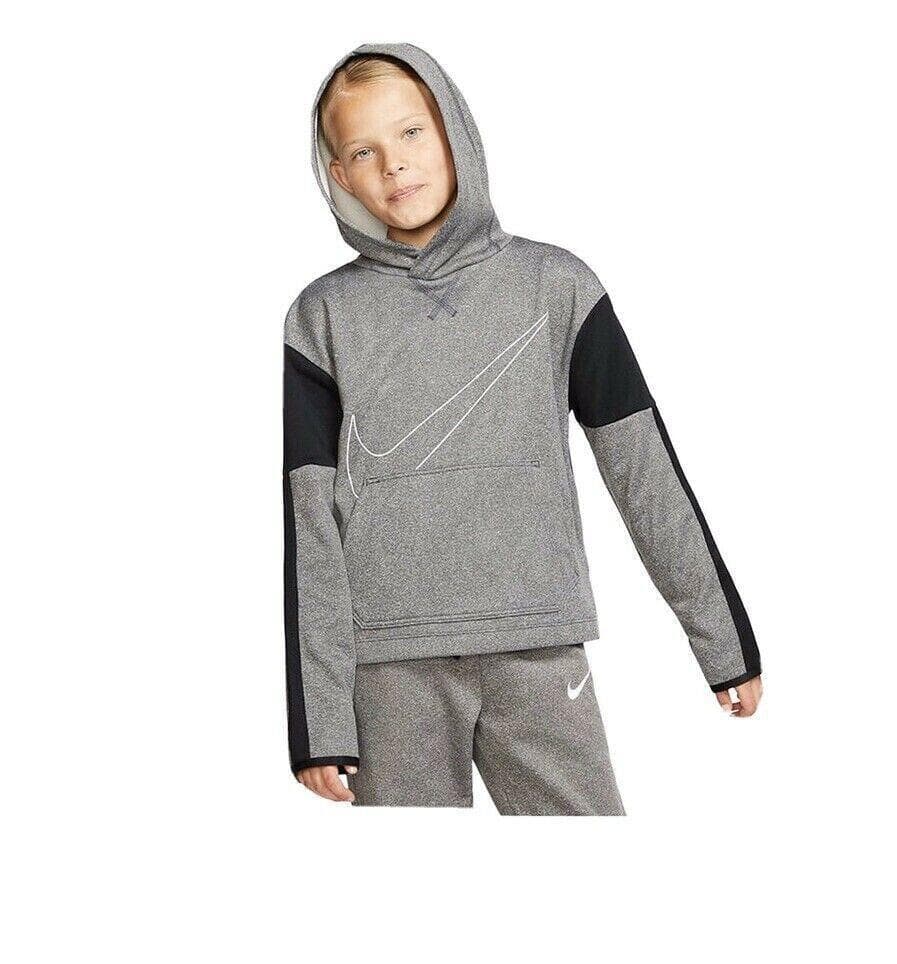 Nike Girl's Therma Fleece Graphic Pullover Hoodie Heathered Black Medium - Thumbnail 3