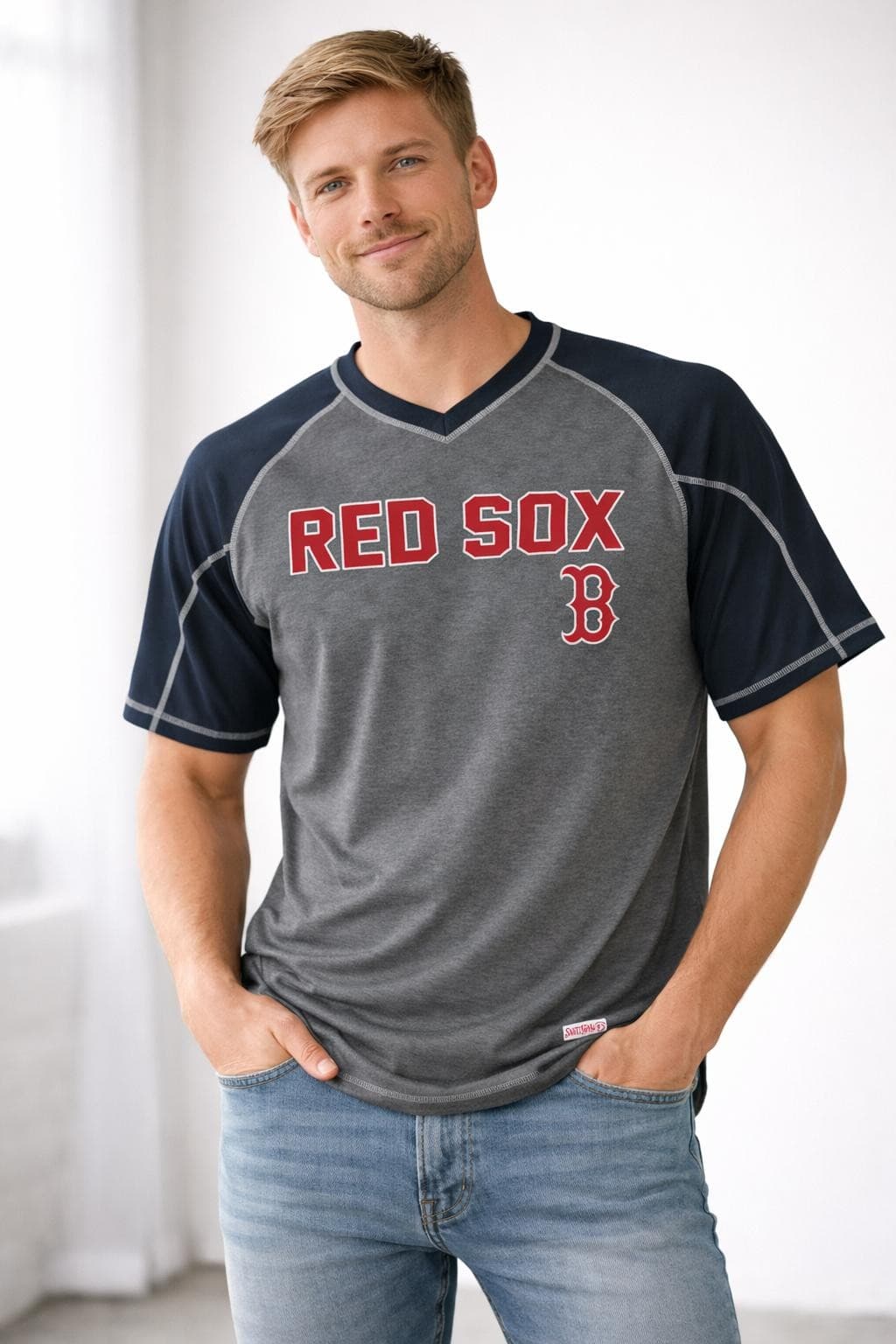 Stitches Men's Boston Red Sox Performance Raglan T-shirt Gray Red Medium - Thumbnail 2