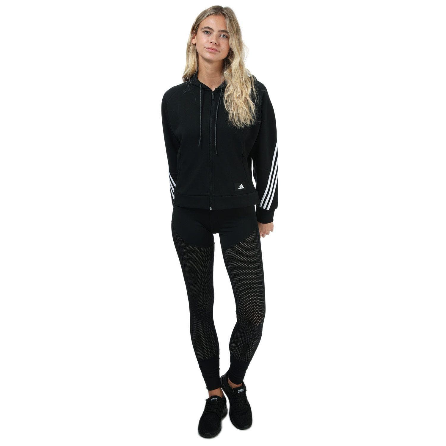 adidas Women's Wrapped 3 Stripes Full Zip Hoodie Black Small - Thumbnail 6