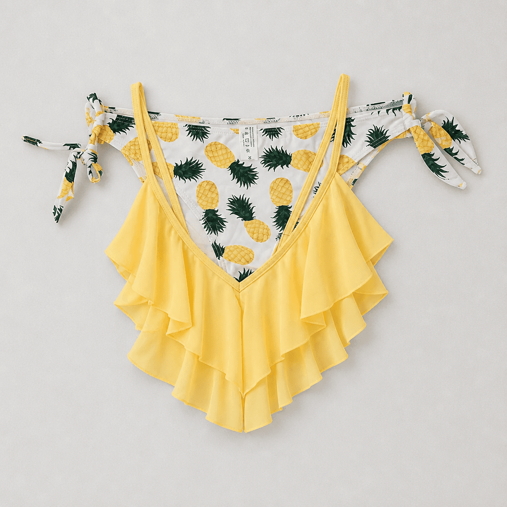 Tempt Me Pineapple Print Bikini Bottoms & Ruffled Yellow Top Sz Med NWT