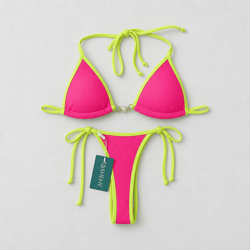 ZASHEHE Neon Pink Bikini Set with Lime Trim
