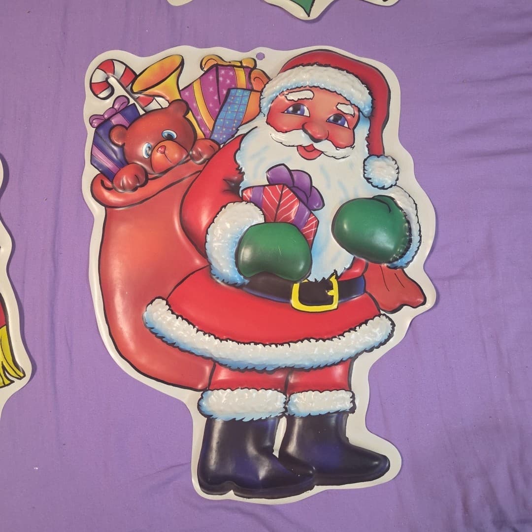 3 Vintage 20" Molded Plastic 3D Christmas Wall Decoration BELLS SANTA FROSTY - Thumbnail 5