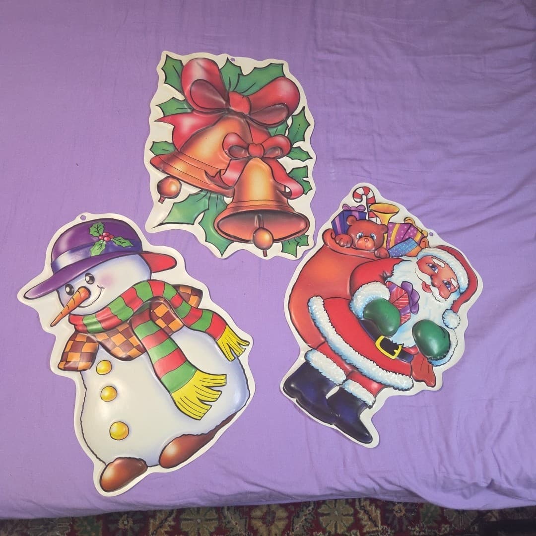 3 Vintage 20" Molded Plastic 3D Christmas Wall Decoration BELLS SANTA FROSTY - Thumbnail 2