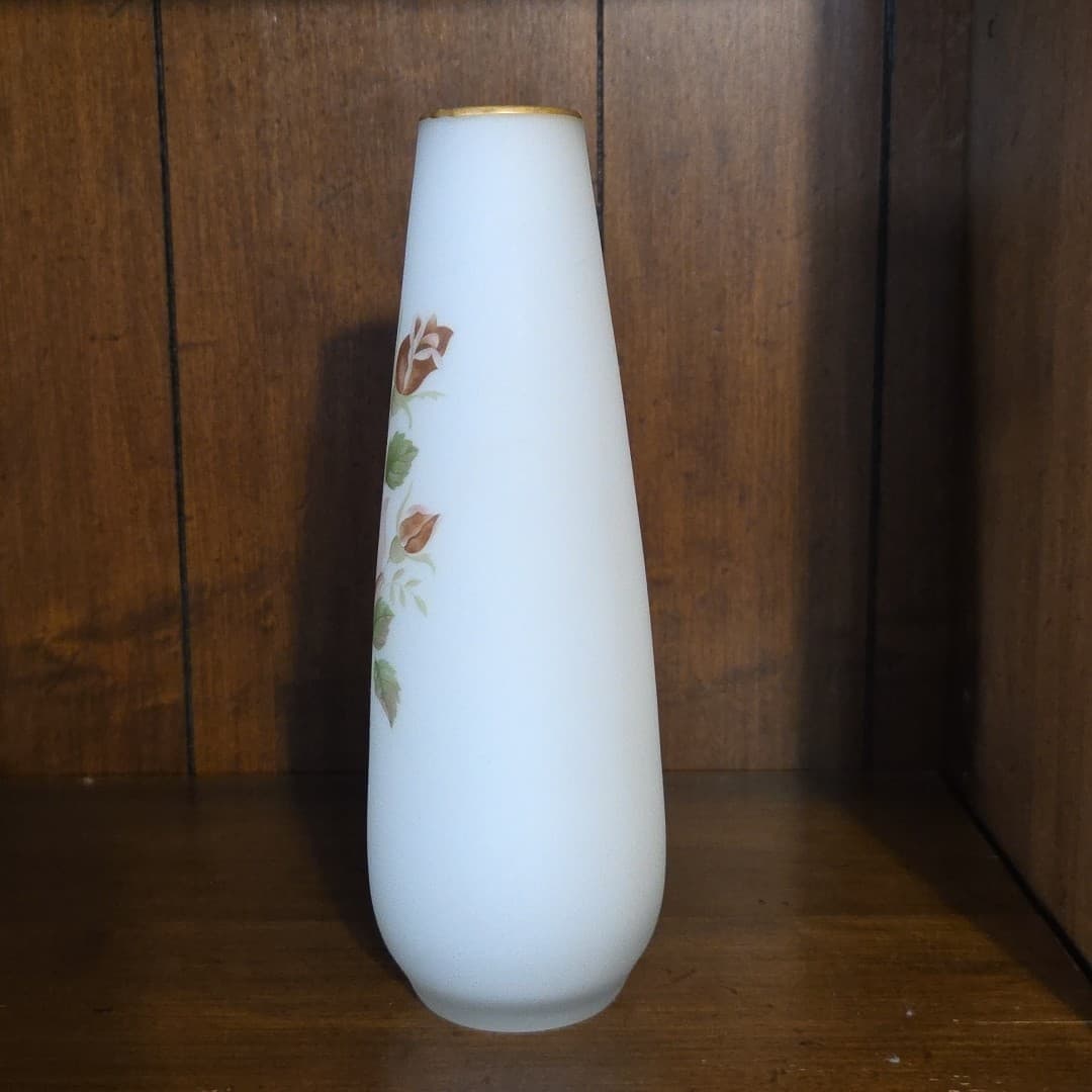 Hand painted Roses opalescent satin frosted glass flower bud vase Japan Vintage - Thumbnail 2