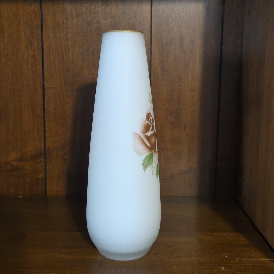 Hand painted Roses opalescent satin frosted glass flower bud vase Japan Vintage - Thumbnail 4