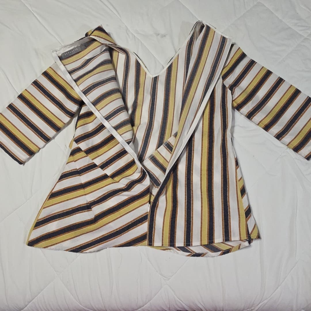 Striped Line Blend Vneck Shirt Back Zips 3/4 Sleeve Size S - Thumbnail 6