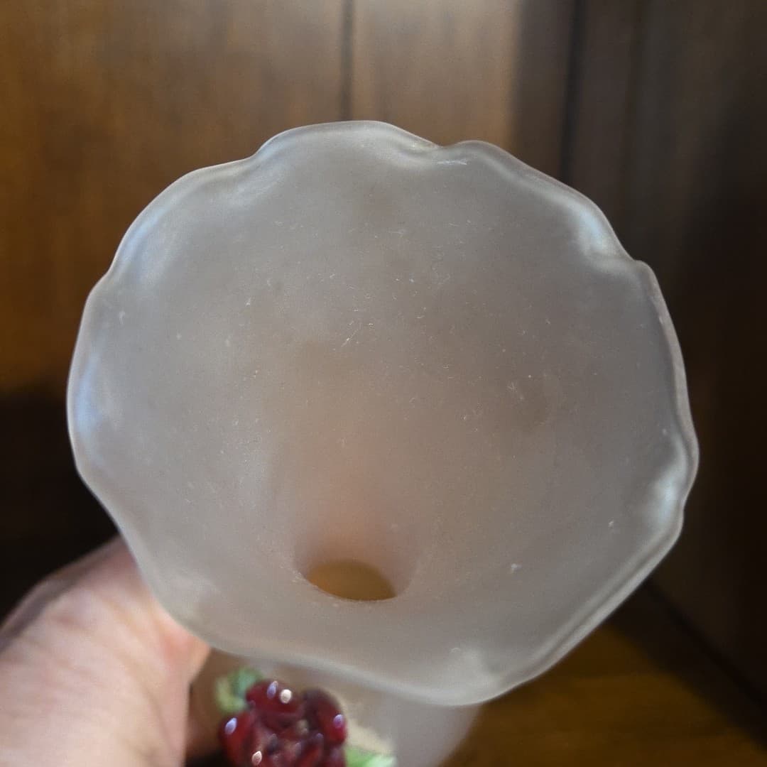 Frosted Deep Peach Glass Vase Applied 3D Red Rose Ruffled Edge 7 3/4" Tall - Thumbnail 3