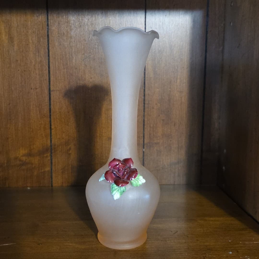 Frosted Deep Peach Glass Vase Applied 3D Red Rose Ruffled Edge 7 3/4" Tall
