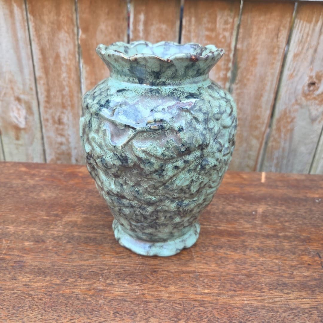Vintage Anthropology Style 8in Tricolor Turquoise Brown Black Textured Vase - Thumbnail 2