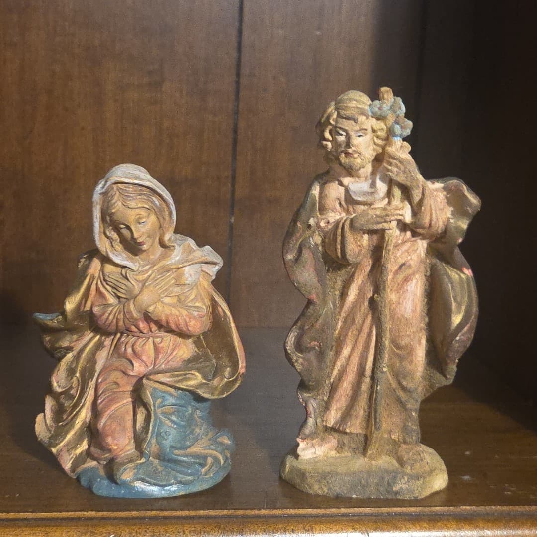 Vintage Resin Nativity Scene Hand Painted 2 Pieces