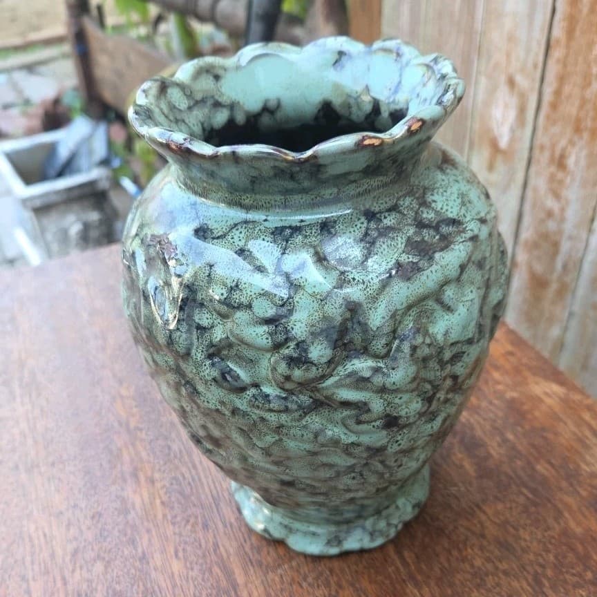 Vintage Anthropology Style 8in Tricolor Turquoise Brown Black Textured Vase - Thumbnail 6