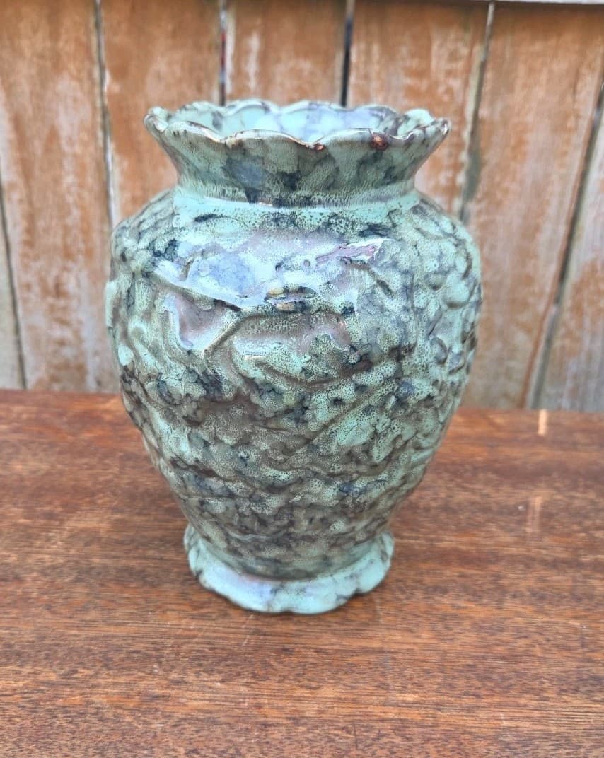 Vintage Anthropology Style 8in Tricolor Turquoise Brown Black Textured Vase
