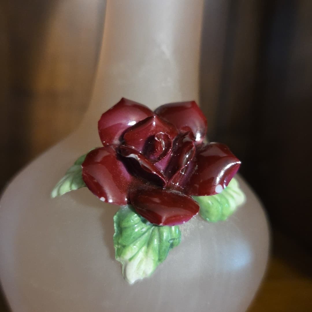 Frosted Deep Peach Glass Vase Applied 3D Red Rose Ruffled Edge 7 3/4" Tall - Thumbnail 2