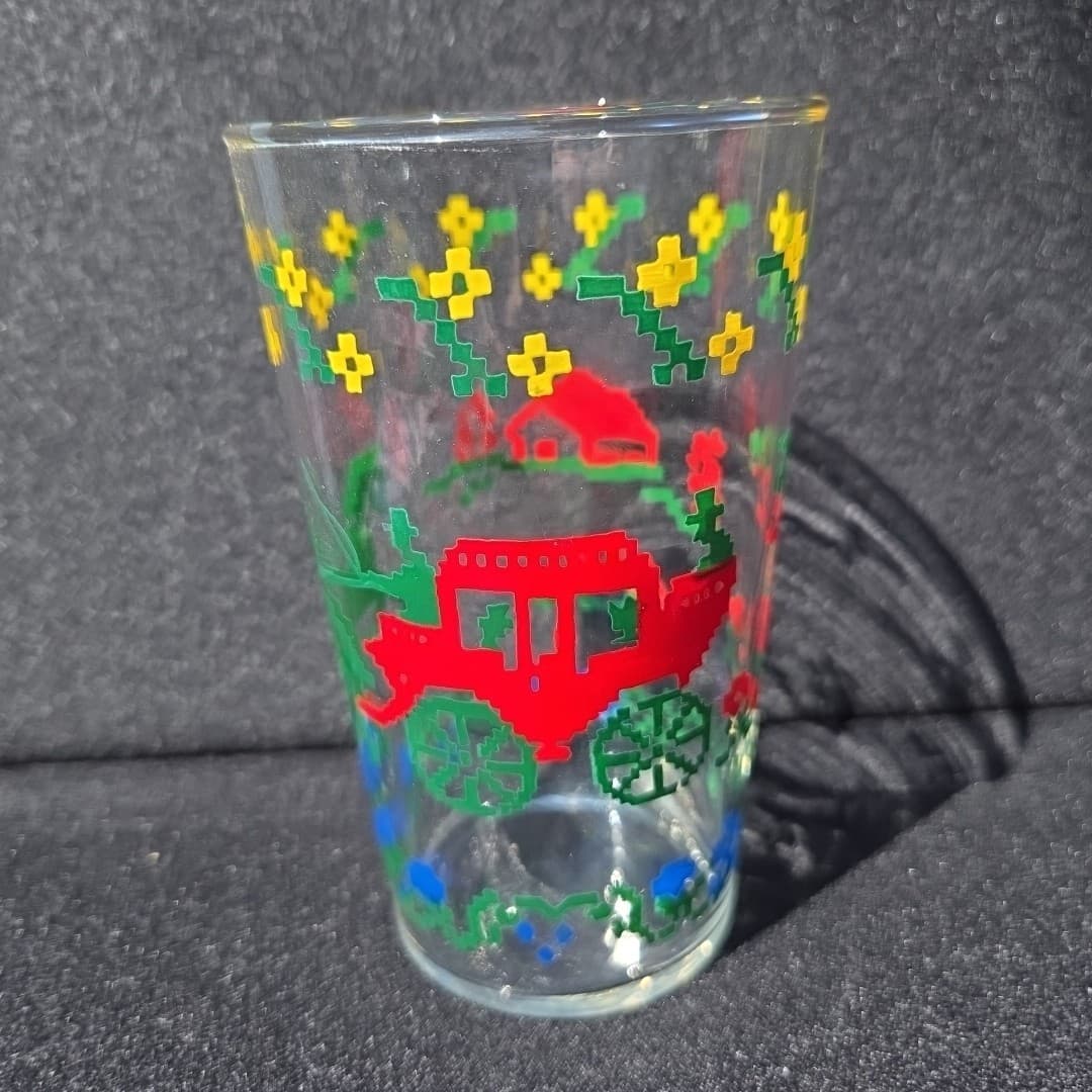 Vintage Federal Glass Co. 5" Glass: Yellow, Blue, Red, Green, Horse & Buggy