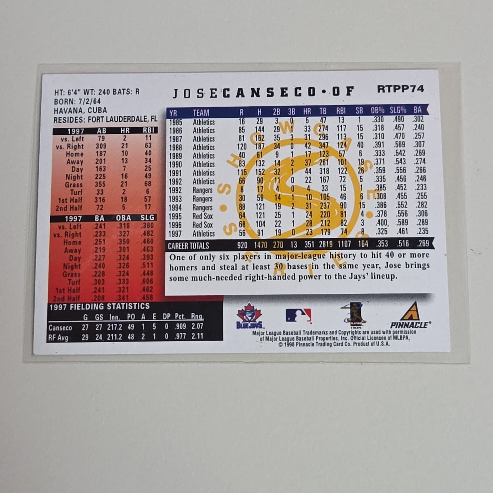 1998 Score Rookie Traded - Jose Canseco #RTPP74 Showcase Series - Thumbnail 2