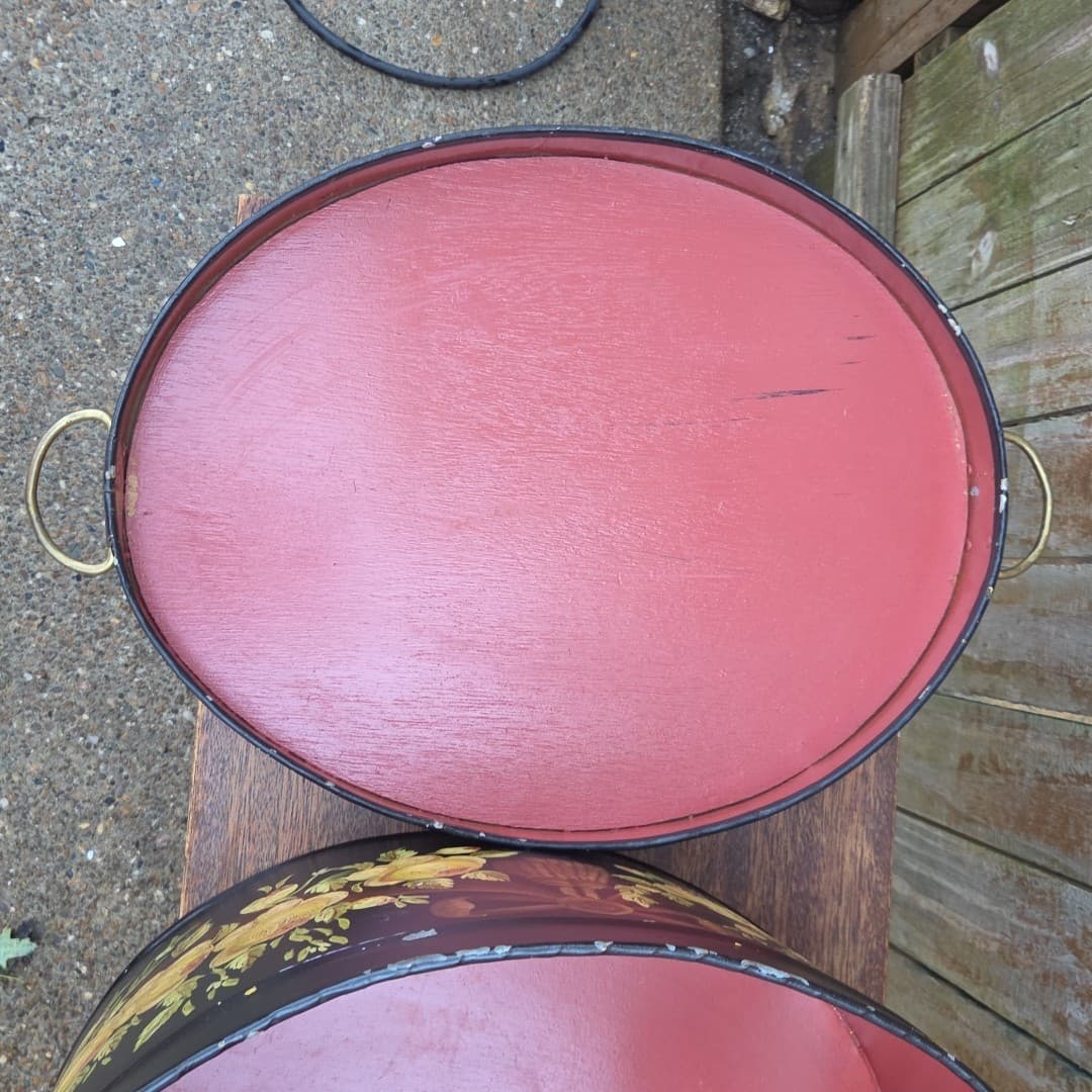 Maitland Smith Painted Oval Metal Toleware Box Bin - Thumbnail 6