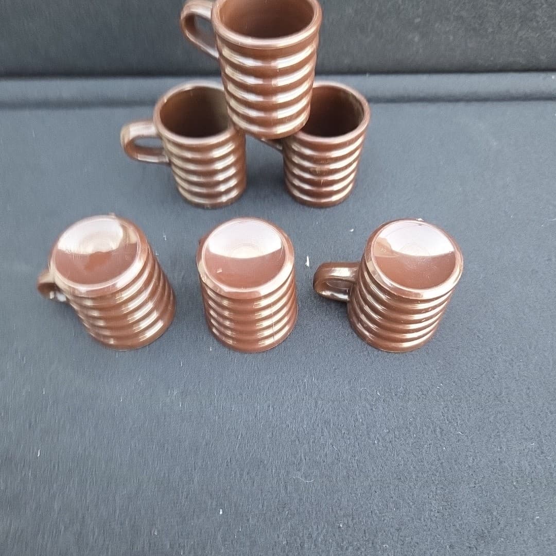 Vintage 6 Brown Ribbed Mug Shot Glasses - Thumbnail 7