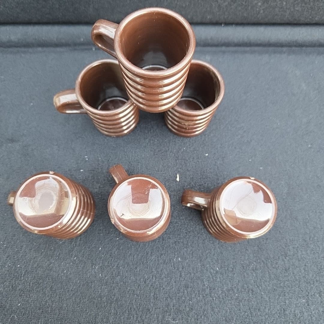 Vintage 6 Brown Ribbed Mug Shot Glasses - Thumbnail 8