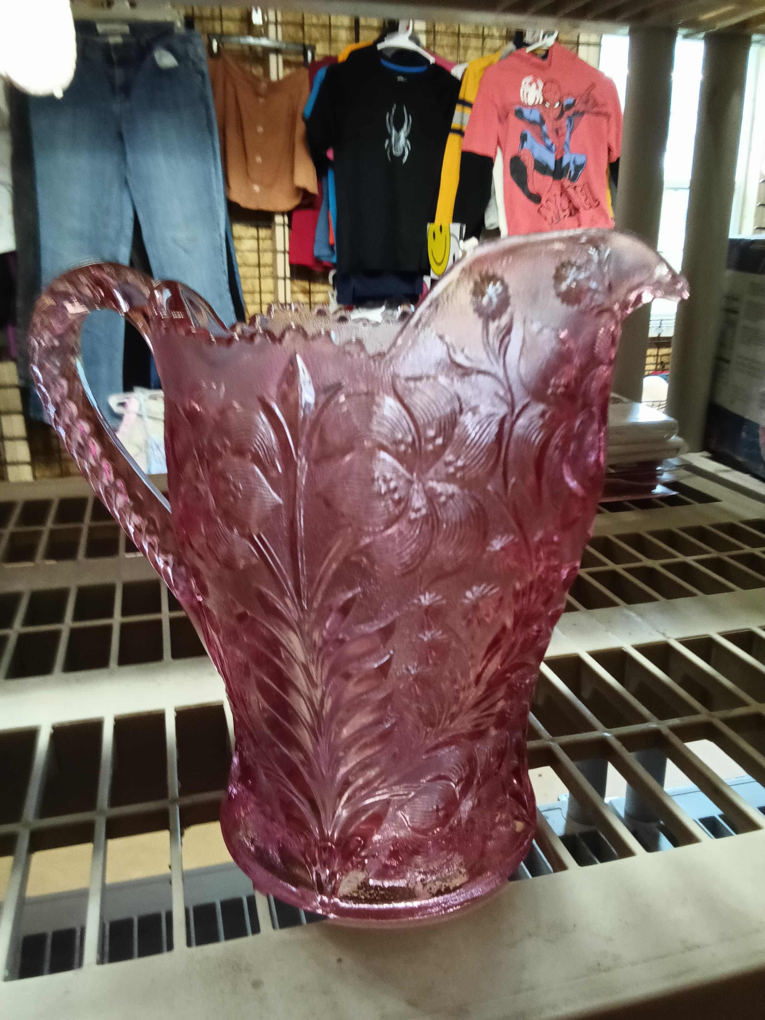 Vintage Pink Glass Pitcher with Floral Design - Thumbnail 3