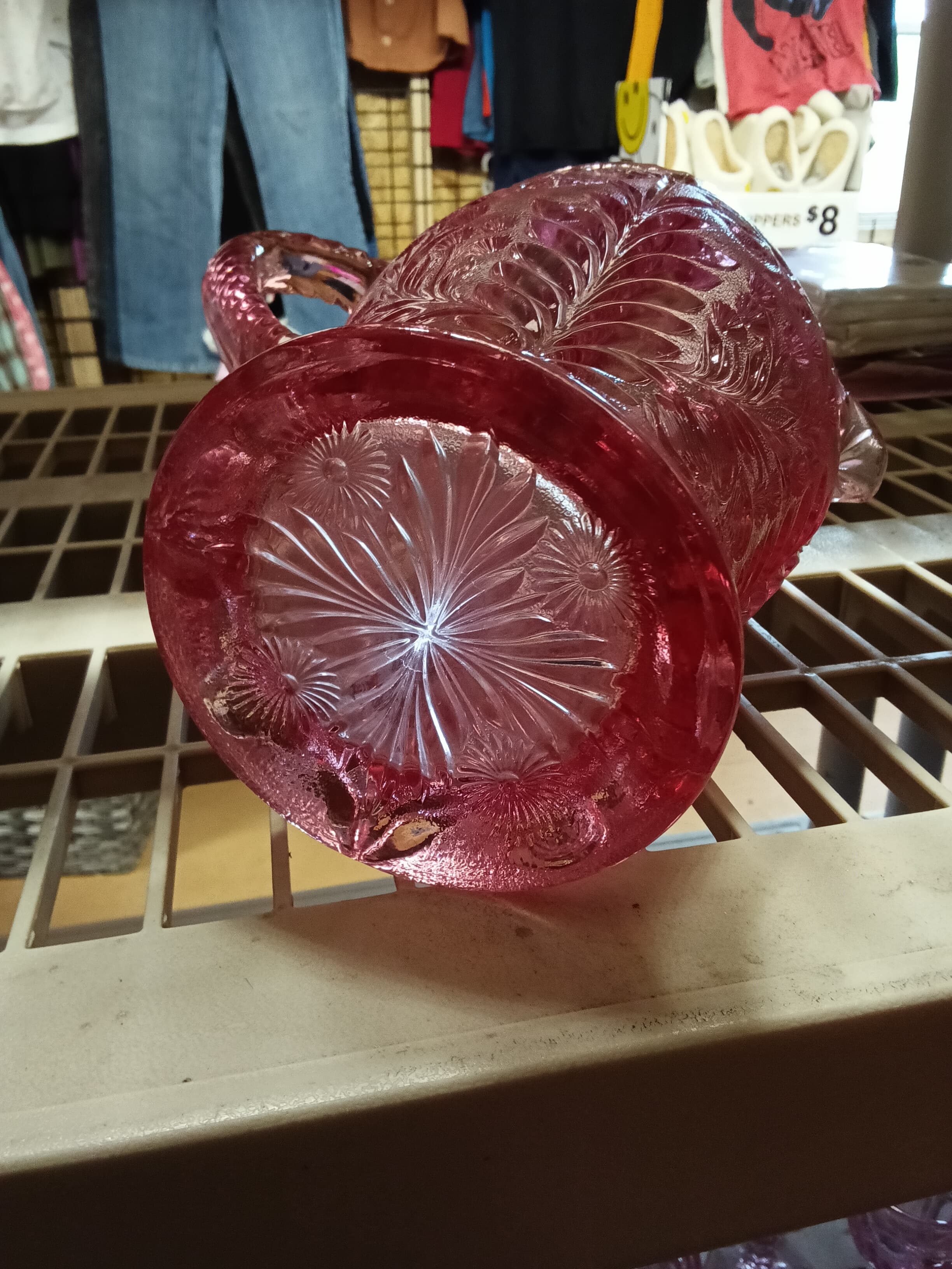 Vintage Pink Glass Pitcher with Floral Design - Thumbnail 2