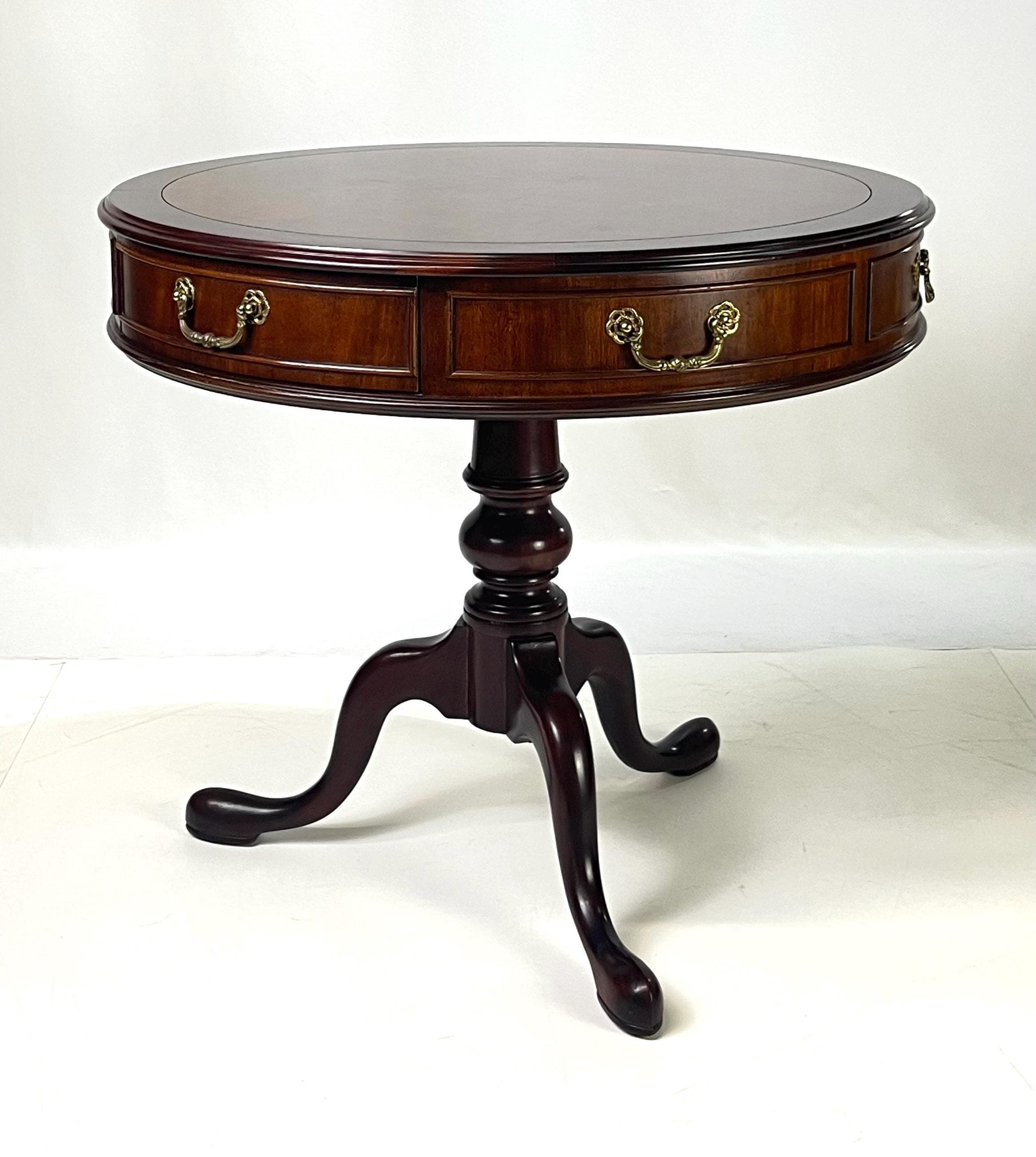 Century Furniture Traditional Burl Wood and Mahogany Pedestal Drum Table