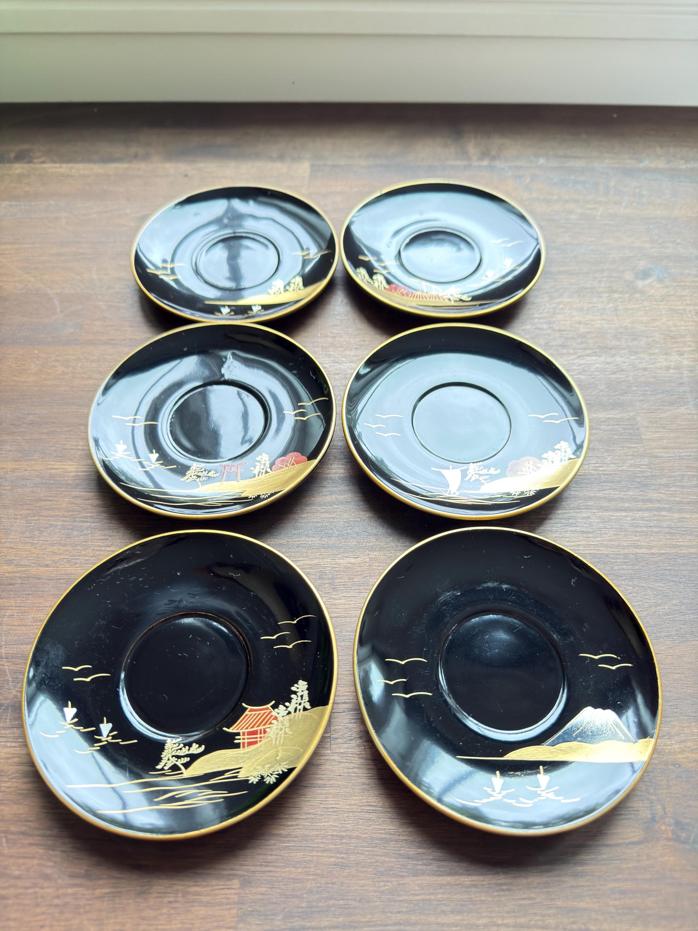 Vintage Japanese Black Lacquer Tea Set – Hand-Painted Gold Gilded Scenic Cups, Saucers, Spoons - Thumbnail 4