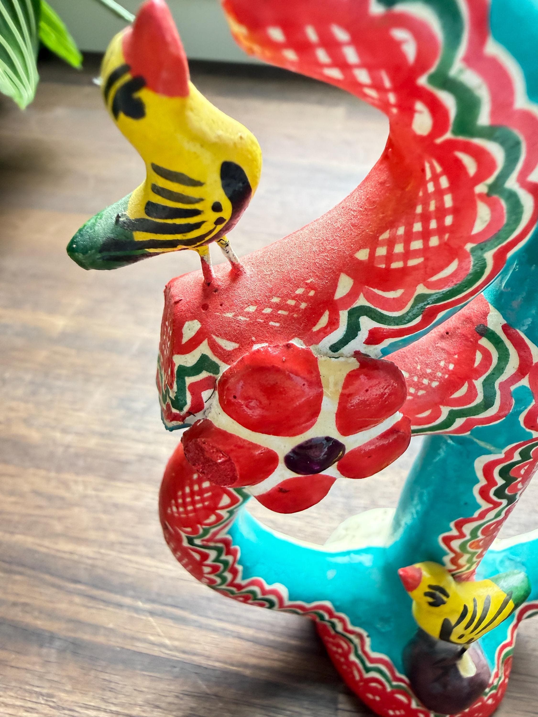 Vintage Mexican Folk Art Candelabra: Hand-Painted Clay Tree of Life, Birds, Hacienda Decor - Thumbnail 3