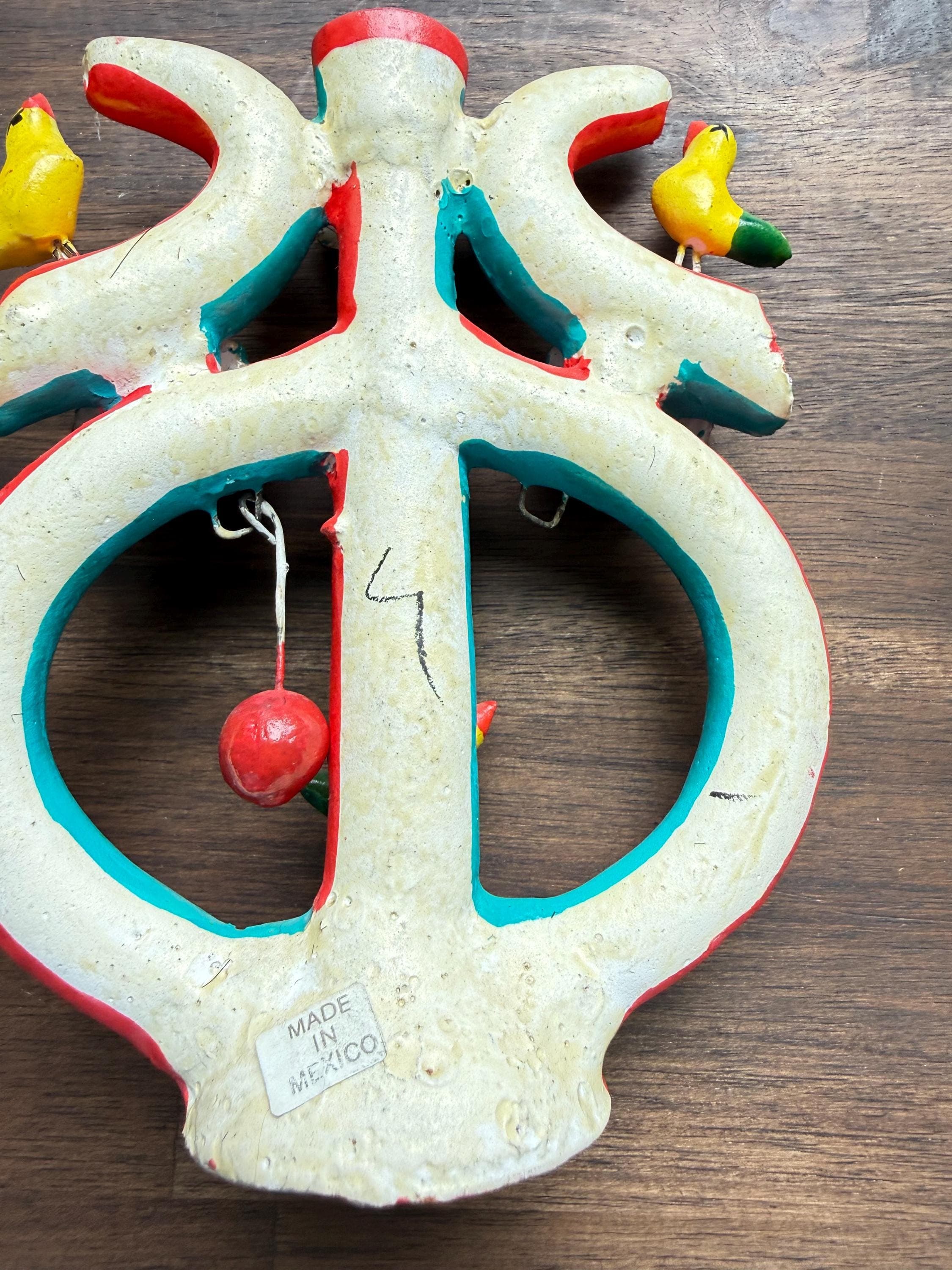Vintage Mexican Folk Art Candelabra: Hand-Painted Clay Tree of Life, Birds, Hacienda Decor - Thumbnail 7