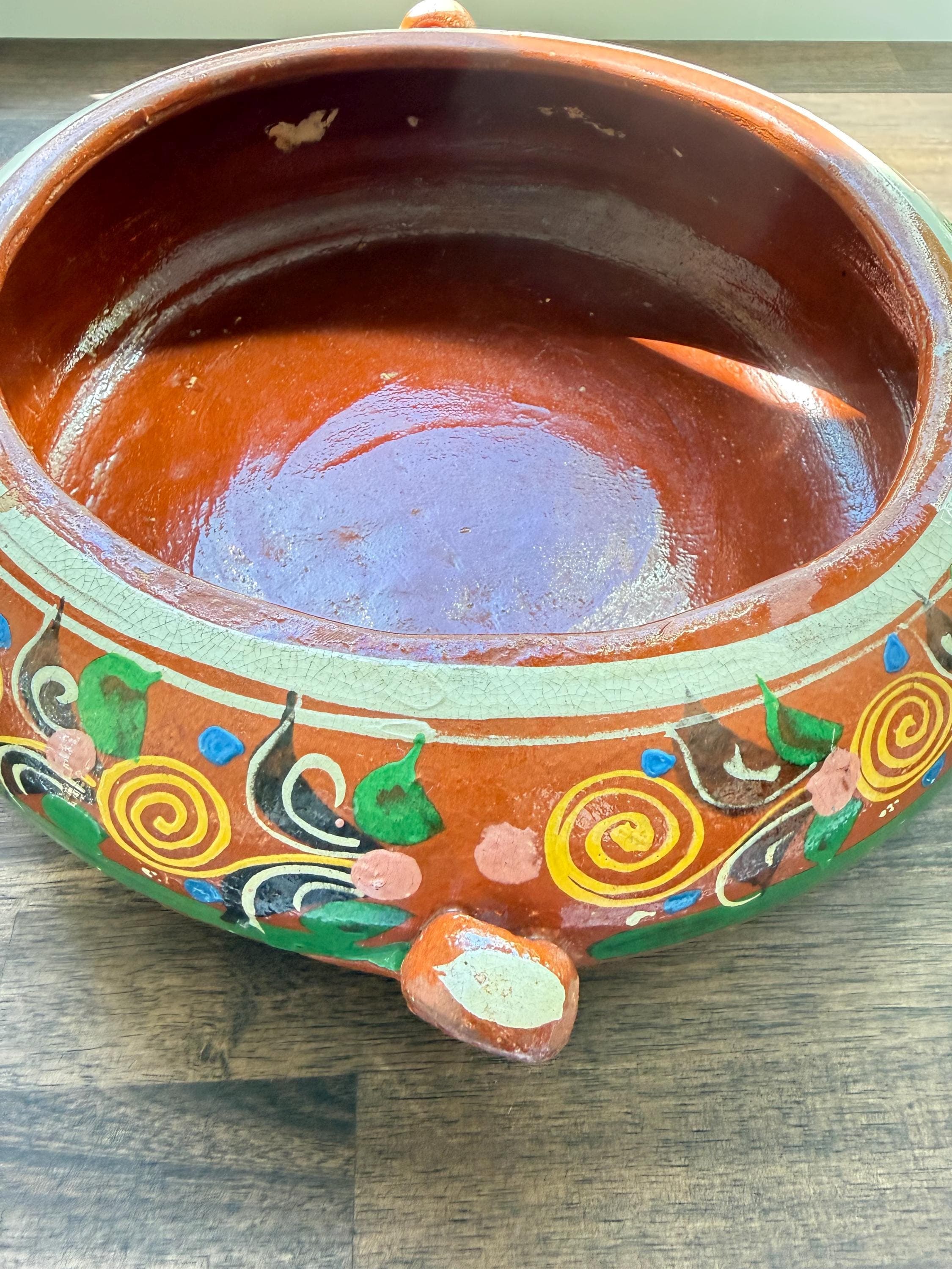 Vintage Tlaquepaque Covered Mexican Bean Pot Red Clay Hand Painted Hacienda Kitchen Decor 1960 - Thumbnail 9