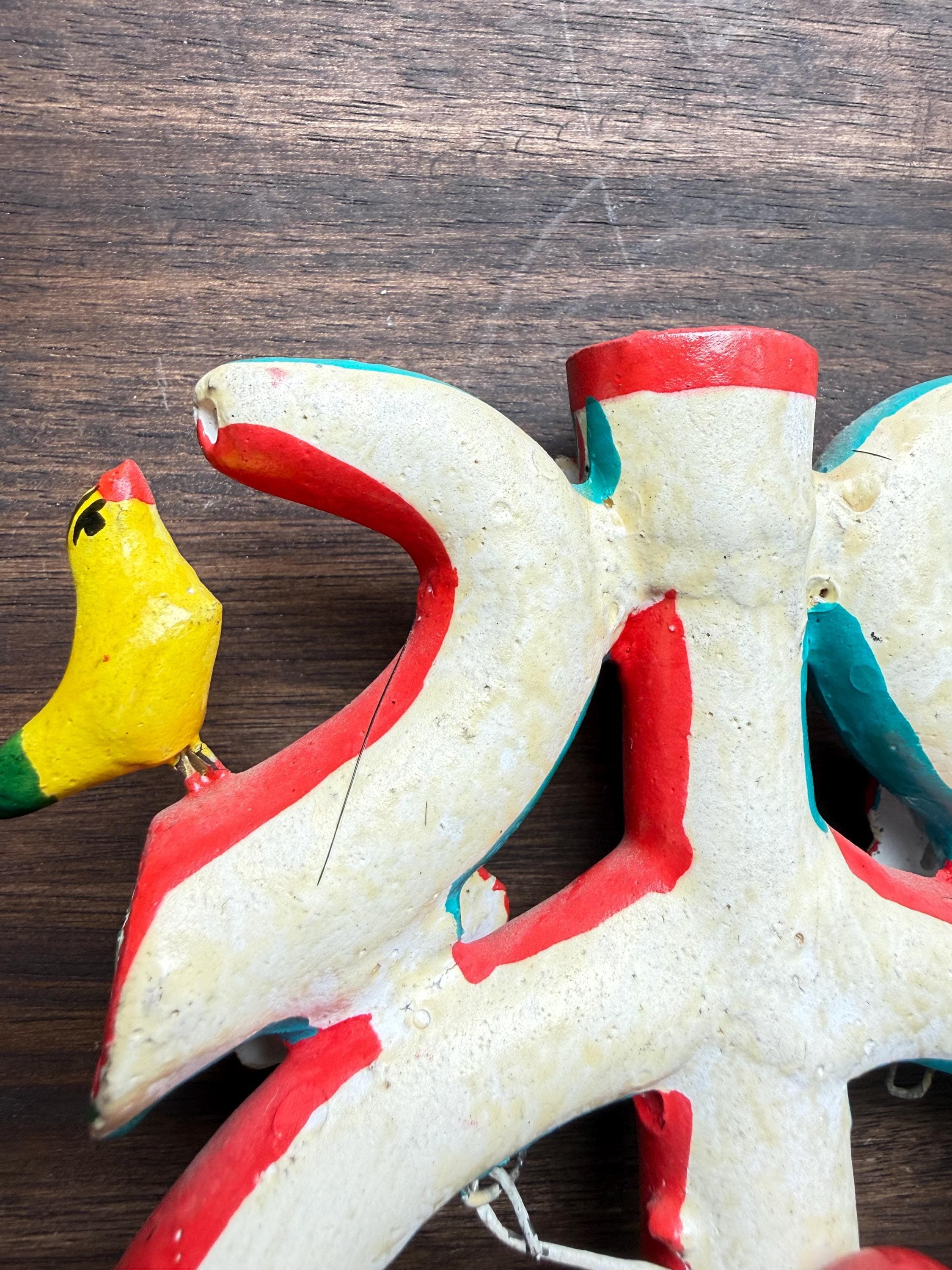 Vintage Mexican Folk Art Candelabra: Hand-Painted Clay Tree of Life, Birds, Hacienda Decor - Thumbnail 9