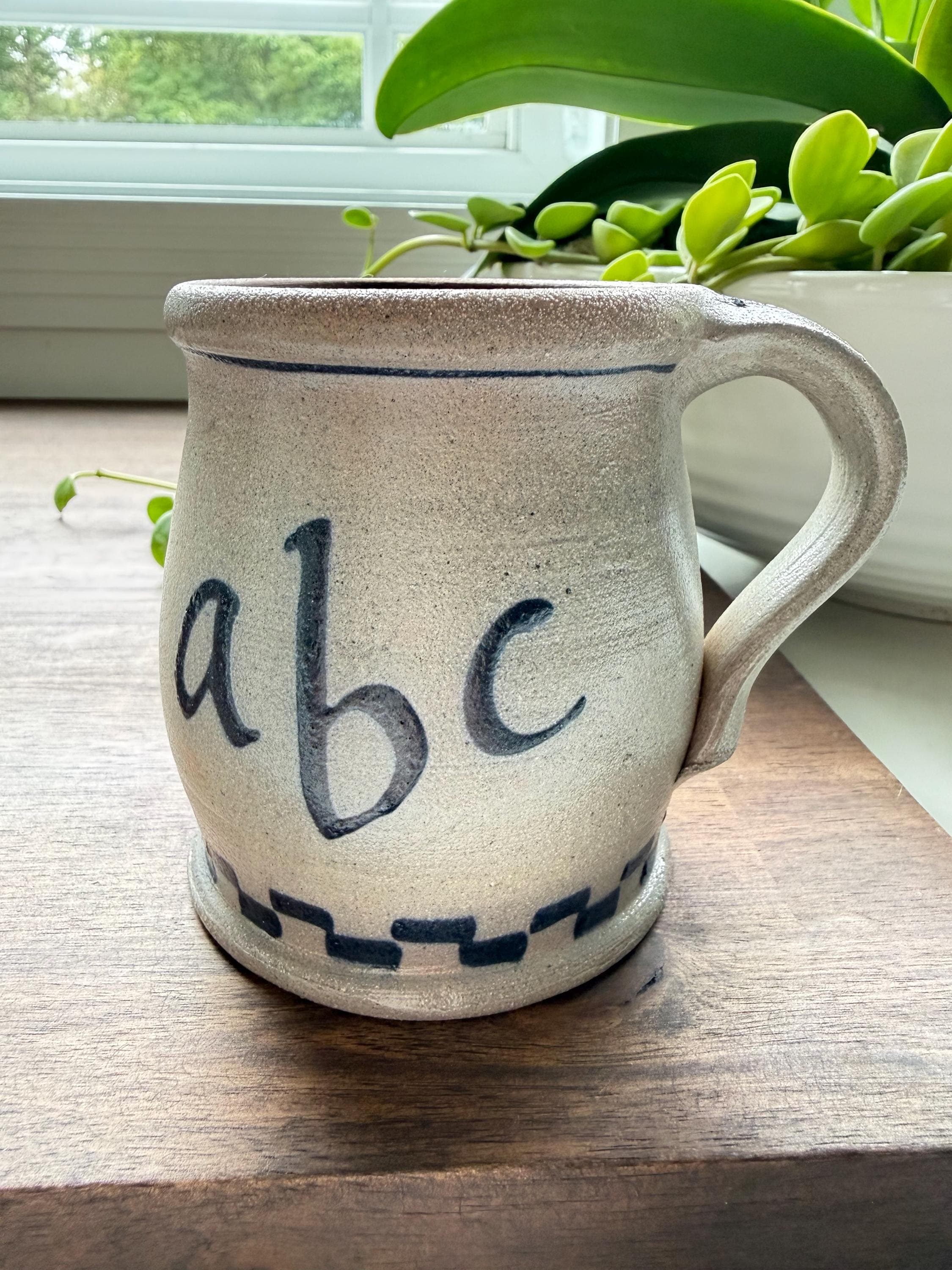 Vintage Rowe Pottery ABC Child's Mug, Salt-Glazed Stoneware Farmhouse Decor - Thumbnail 2