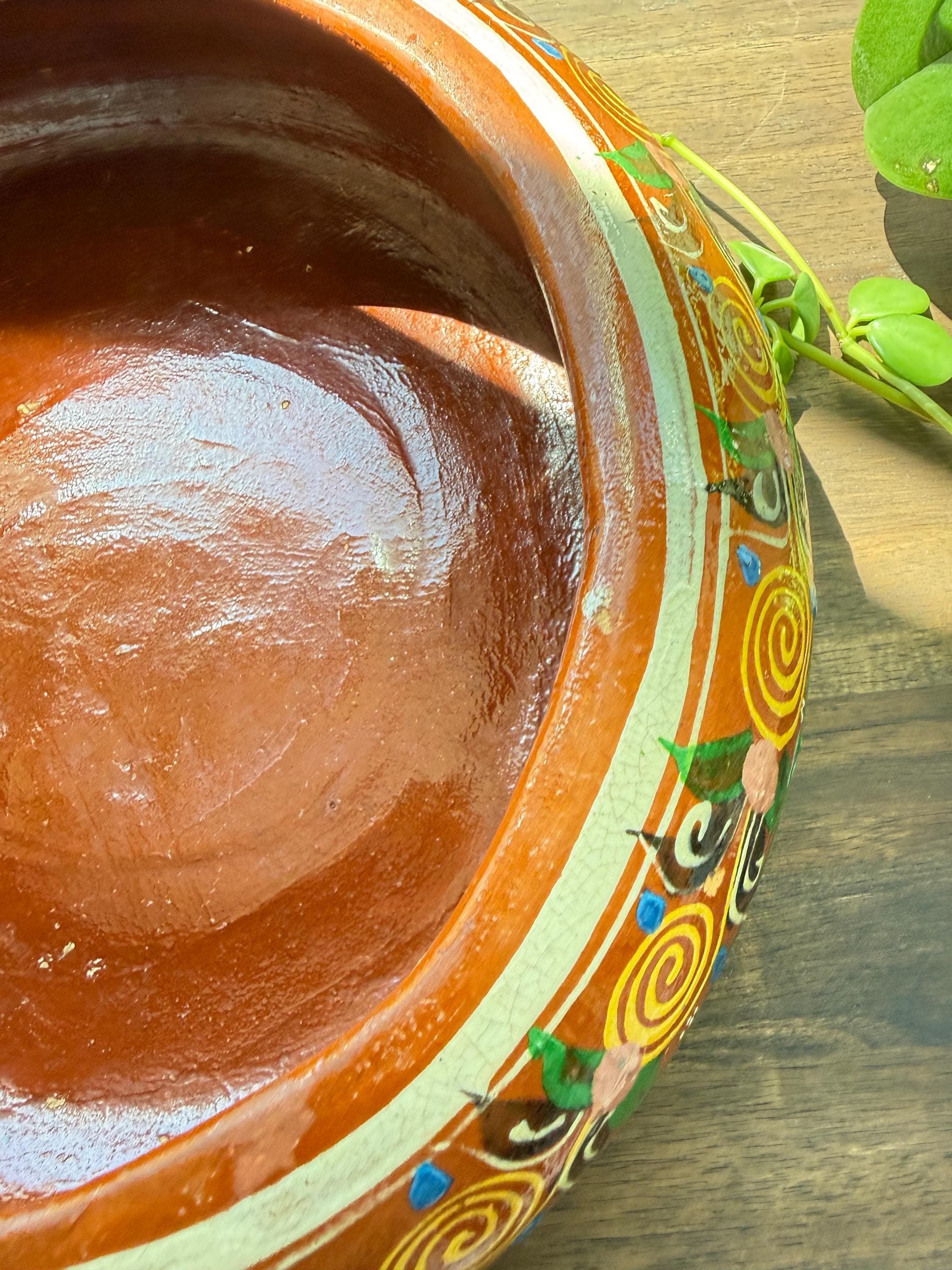 Vintage Tlaquepaque Covered Mexican Bean Pot Red Clay Hand Painted Hacienda Kitchen Decor 1960 - Thumbnail 8
