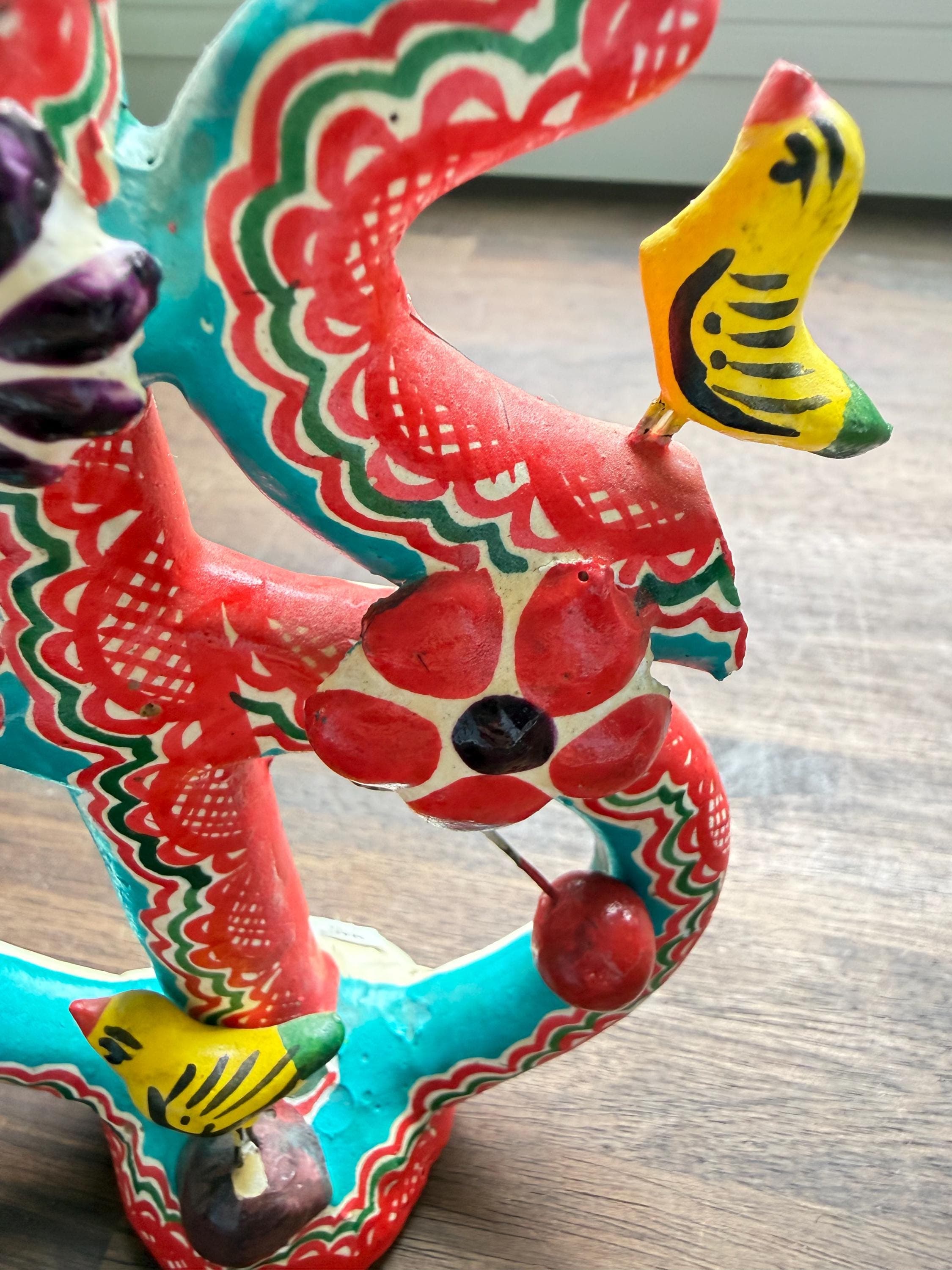 Vintage Mexican Folk Art Candelabra: Hand-Painted Clay Tree of Life, Birds, Hacienda Decor - Thumbnail 4