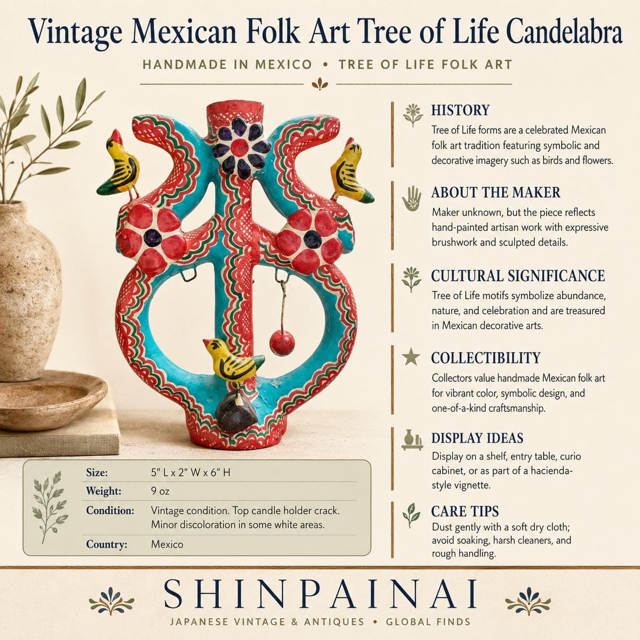 Vintage Mexican Folk Art Candelabra: Hand-Painted Clay Tree of Life, Birds, Hacienda Decor - Thumbnail 15