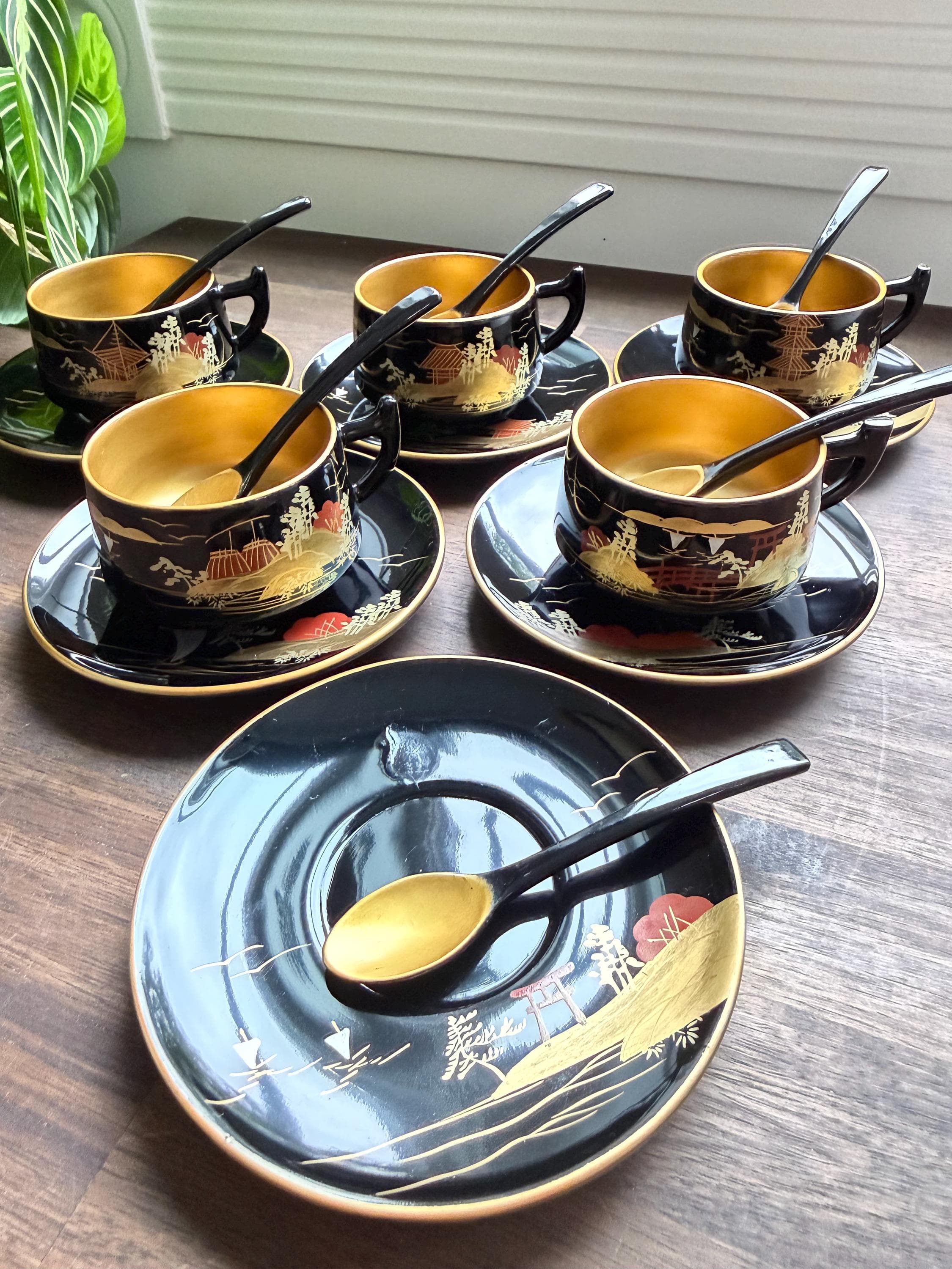 Vintage Japanese Black Lacquer Tea Set – Hand-Painted Gold Gilded Scenic Cups, Saucers, Spoons - Thumbnail 2
