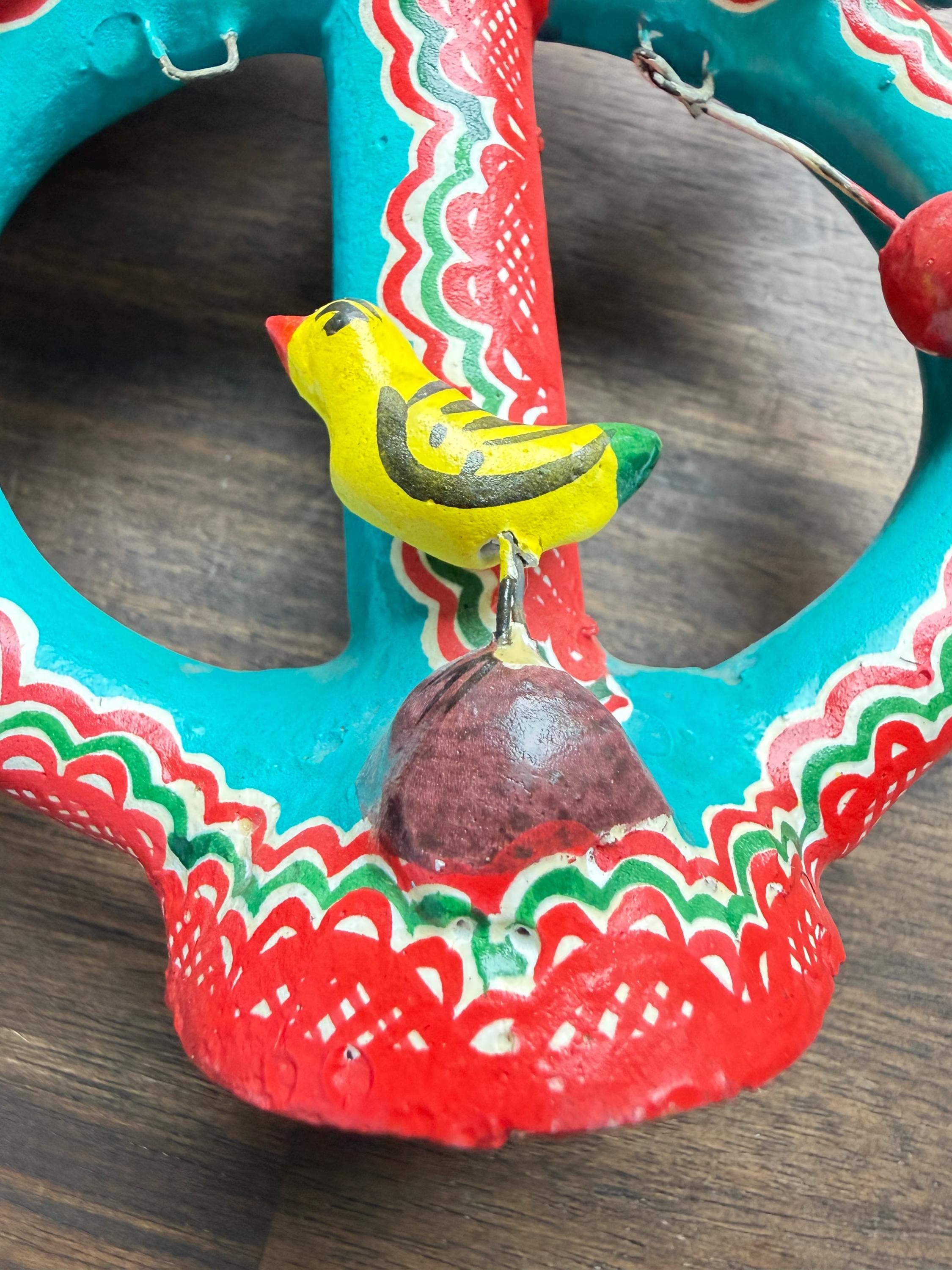 Vintage Mexican Folk Art Candelabra: Hand-Painted Clay Tree of Life, Birds, Hacienda Decor - Thumbnail 6