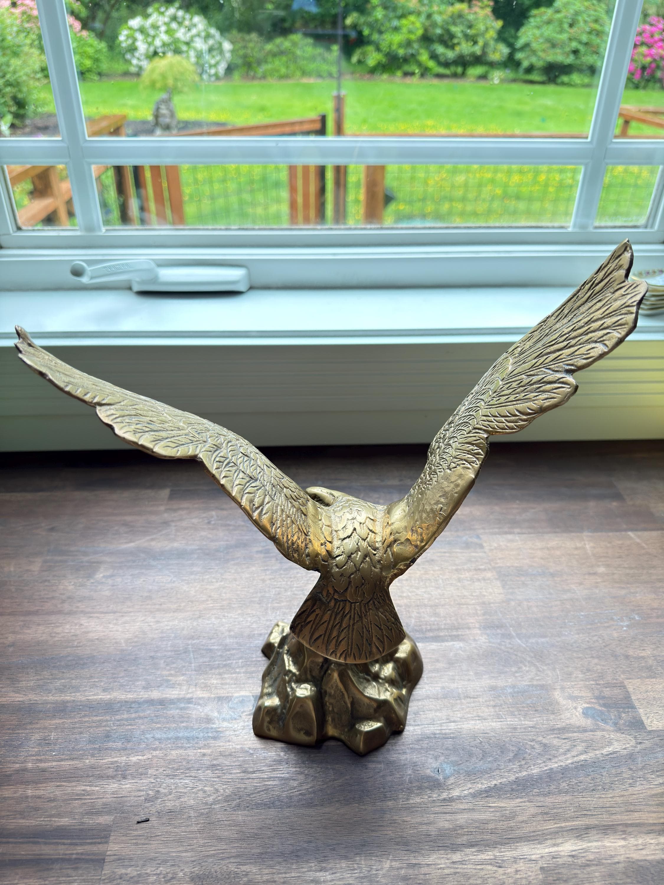 Vintage Brass Eagle Sculpture Perched on Rock Large Mid Century Wildlife Figurine Decor - Thumbnail 9