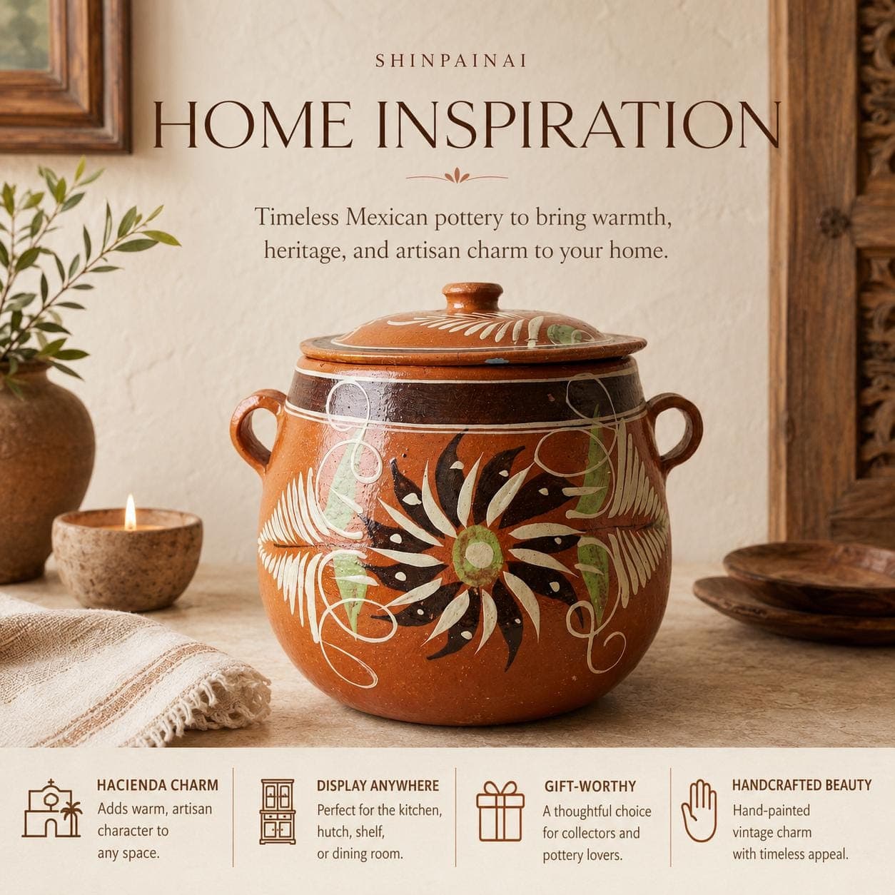 Vintage Tlaquepaque Mexican Bean Pot: Hand-Painted Red Clay Hacienda Kitchen Decor - Thumbnail 20
