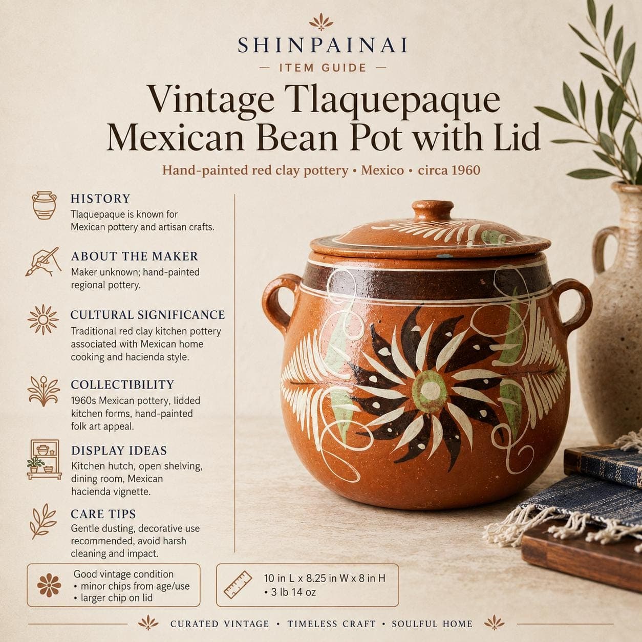 Vintage Tlaquepaque Mexican Bean Pot: Hand-Painted Red Clay Hacienda Kitchen Decor - Thumbnail 19